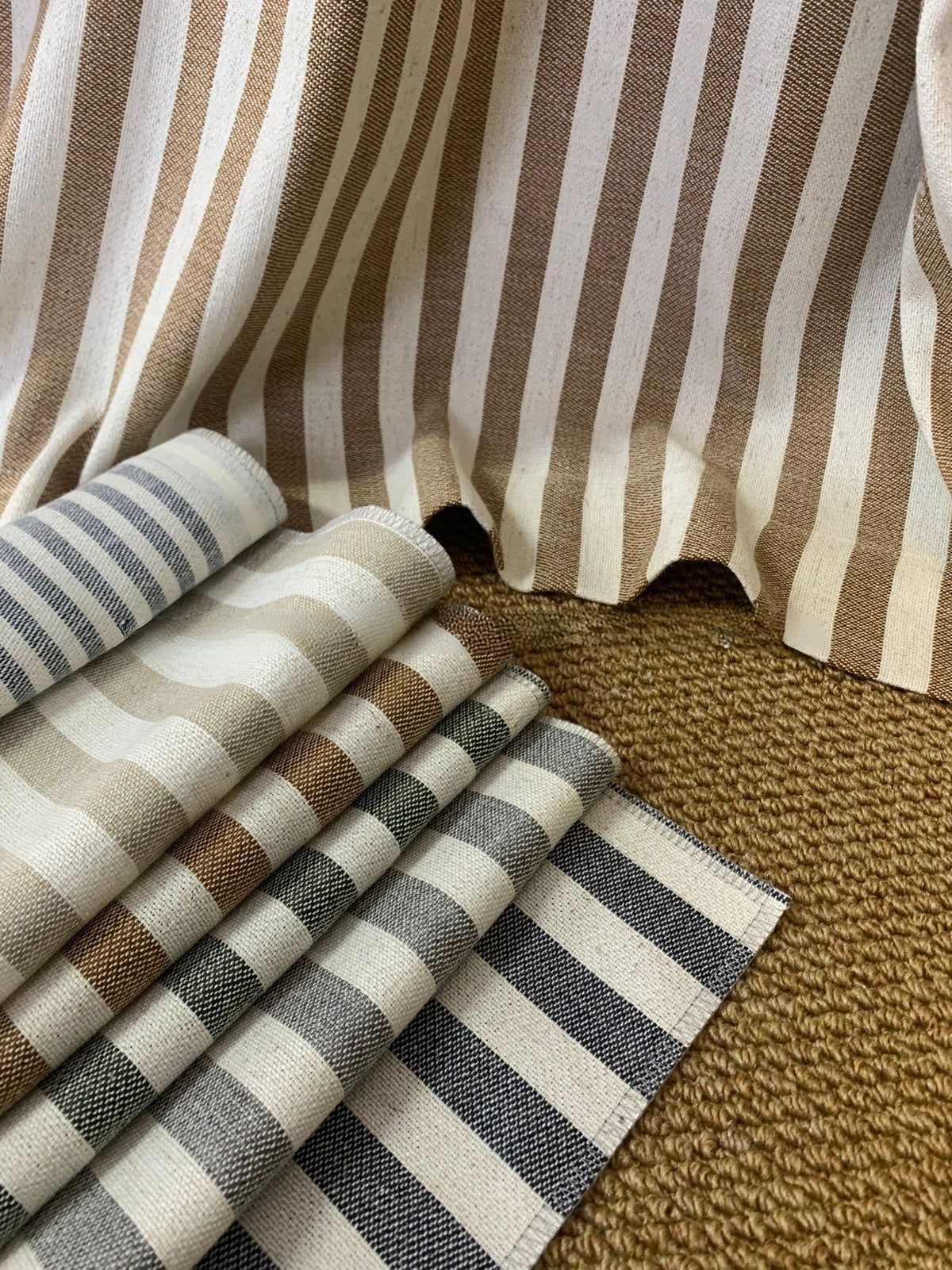 Classic linen striped curtains with French-style ruffled top, perfect for modern homes and small windows.