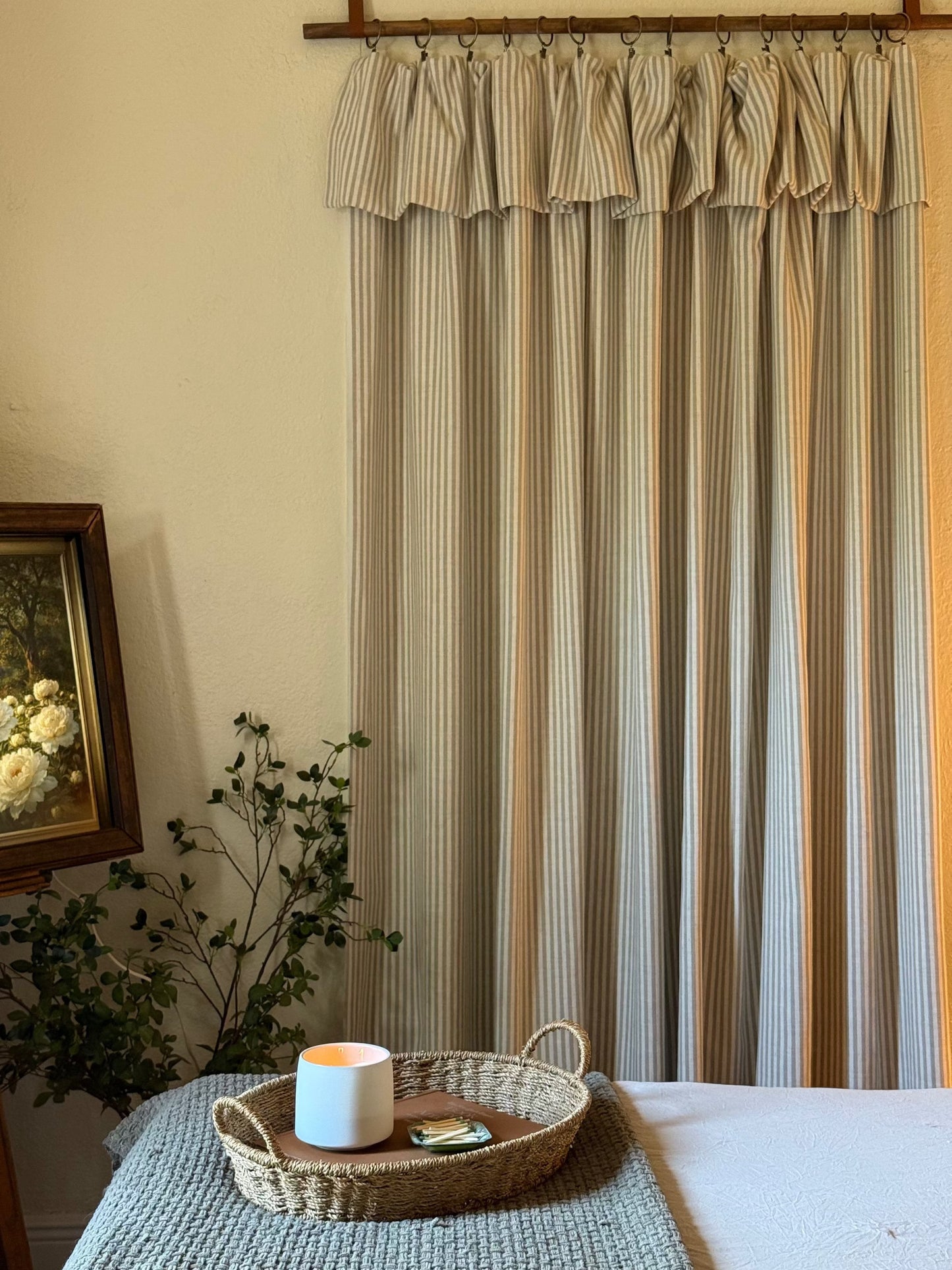 Classic linen striped curtains with French-style ruffled top, perfect for modern homes and small windows