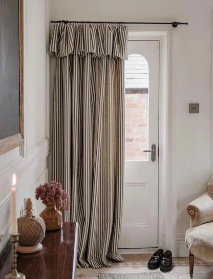 Classic linen striped curtains with French-style ruffled top for modern homes