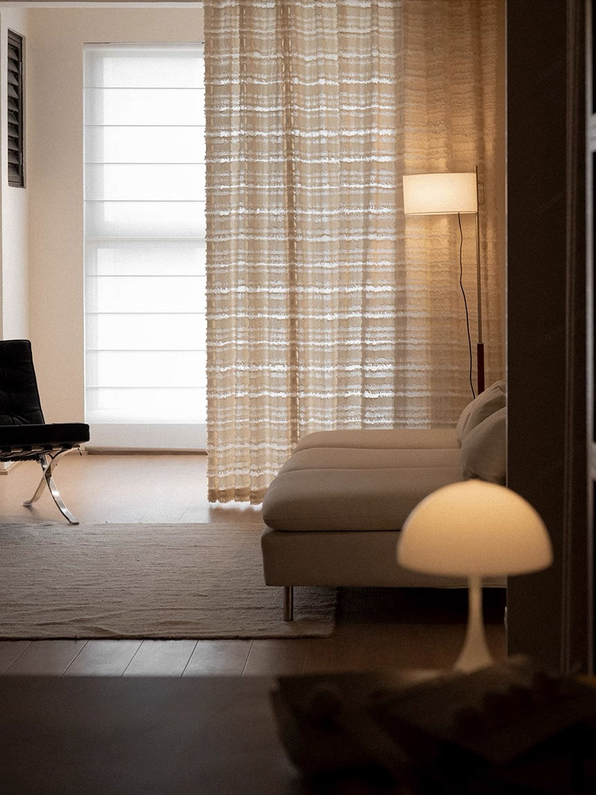 Beige mousse-inspired sheer curtains with layered horizontal fringe for living room decor