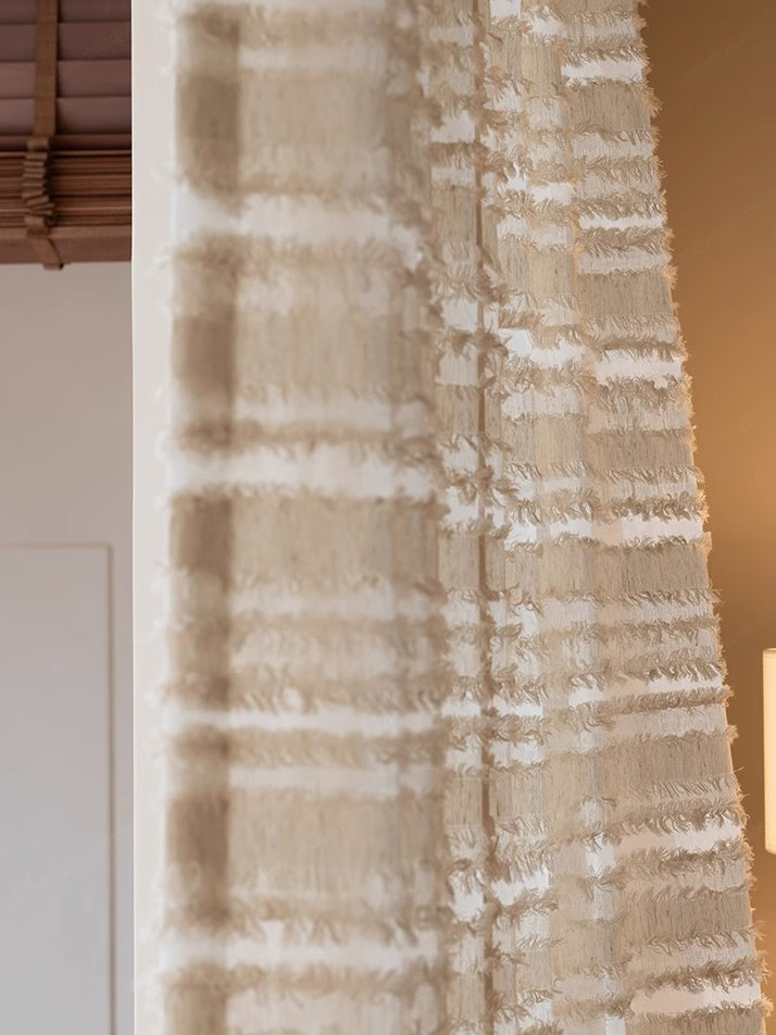 Beige mousse-inspired sheer curtains with layered fringe texture for living room décor