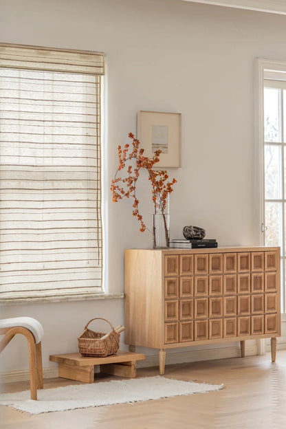 Natural bamboo shades made of eco-friendly ramie fabric with a unique textured woven finish in ivory sand color