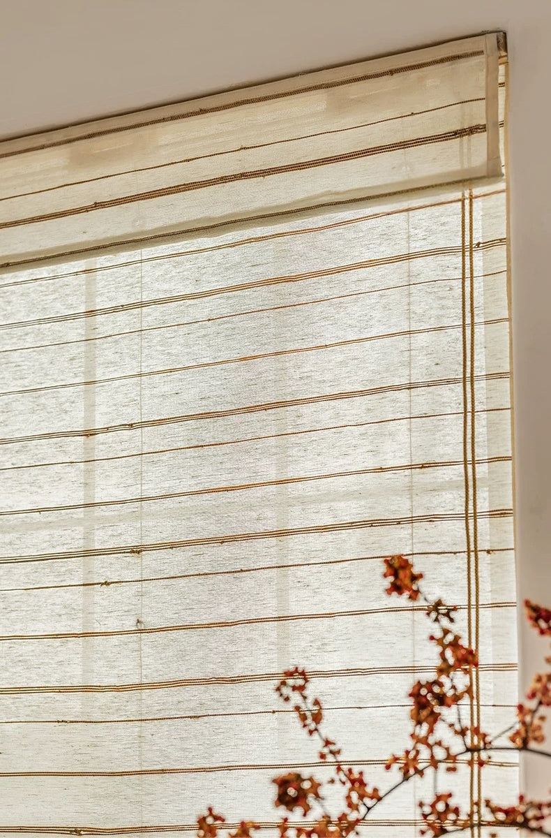 Natural bamboo shades in ivory sand with mildew-resistant ramie woven texture, handcrafted and eco-friendly