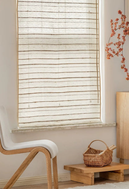 Natural bamboo shades made from eco-friendly ramie fabric with mildew-resistant woven texture in ivory sand color