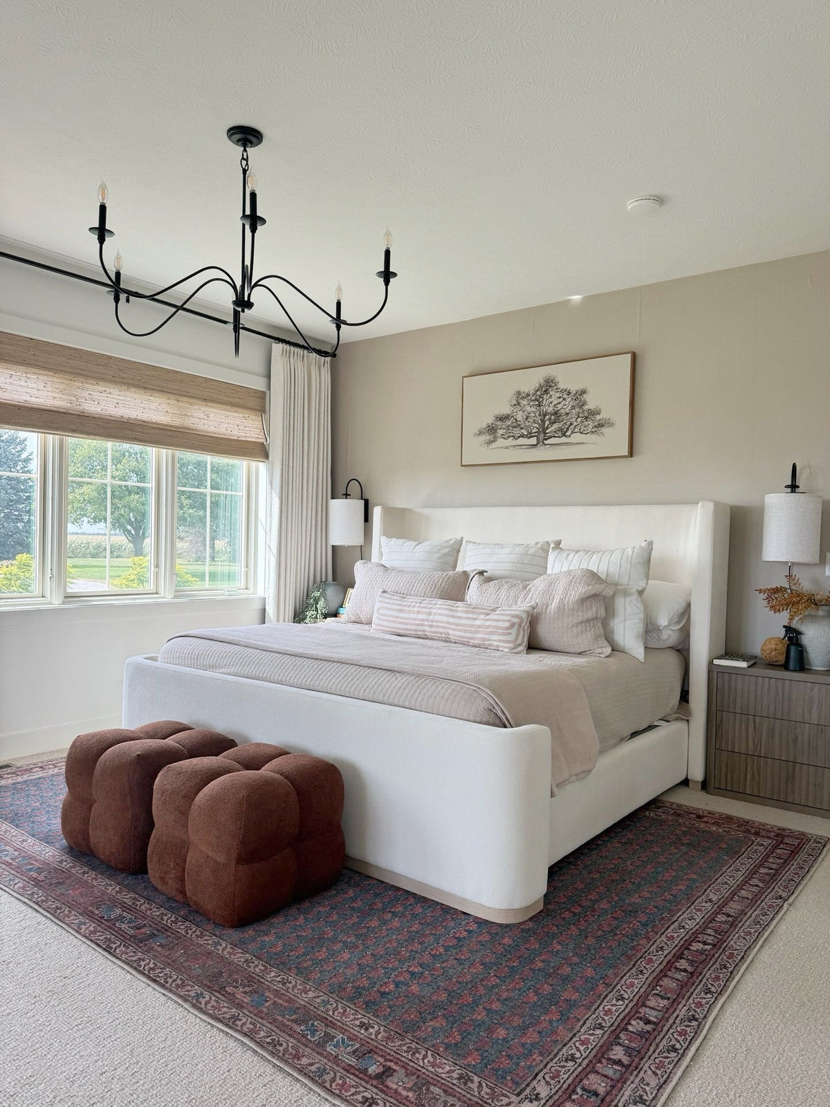 Natural Ramie Bamboo Roman Shades in beige, woven with a textured natural-fiber pattern and a roll-up design.