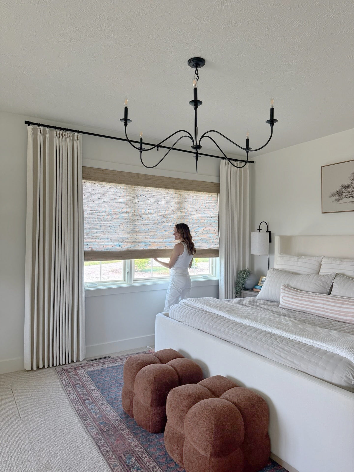 Natural Ramie Bamboo Roman Shades in beige, woven with a textured natural-fiber pattern and a roll-up design.