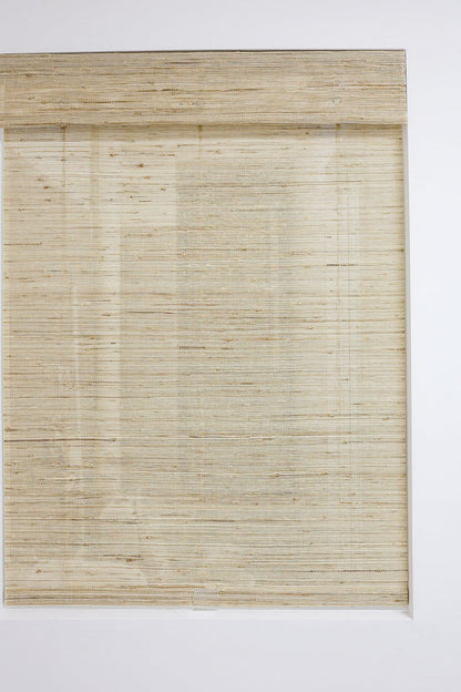 Natural Ramie Bamboo Roman Shades in beige woven fibers, featuring a subtle horizontal texture and flat Roman style.