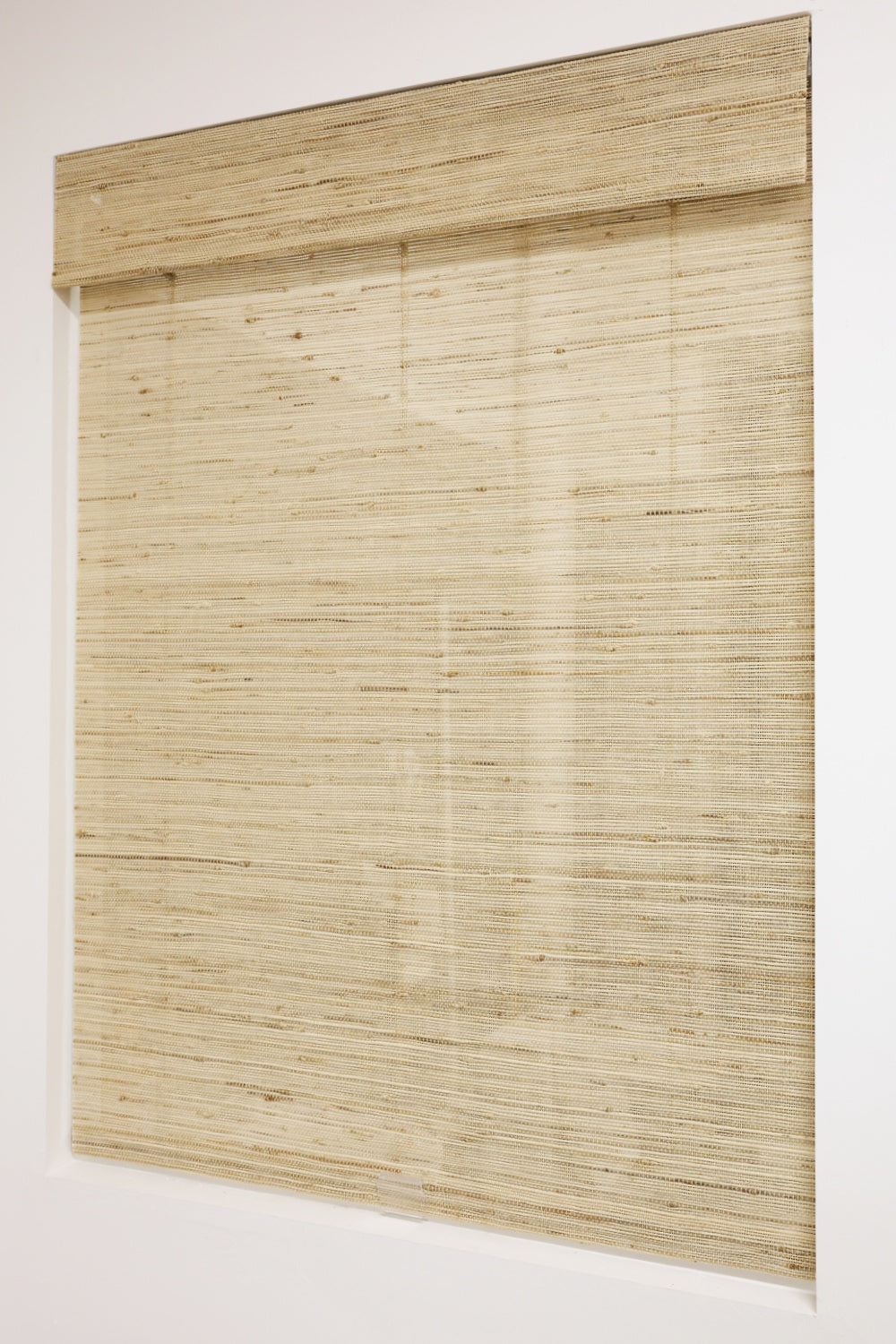 Natural Ramie Bamboo Roman Shades in beige, featuring a finely woven natural fiber texture and neat Roman folds.