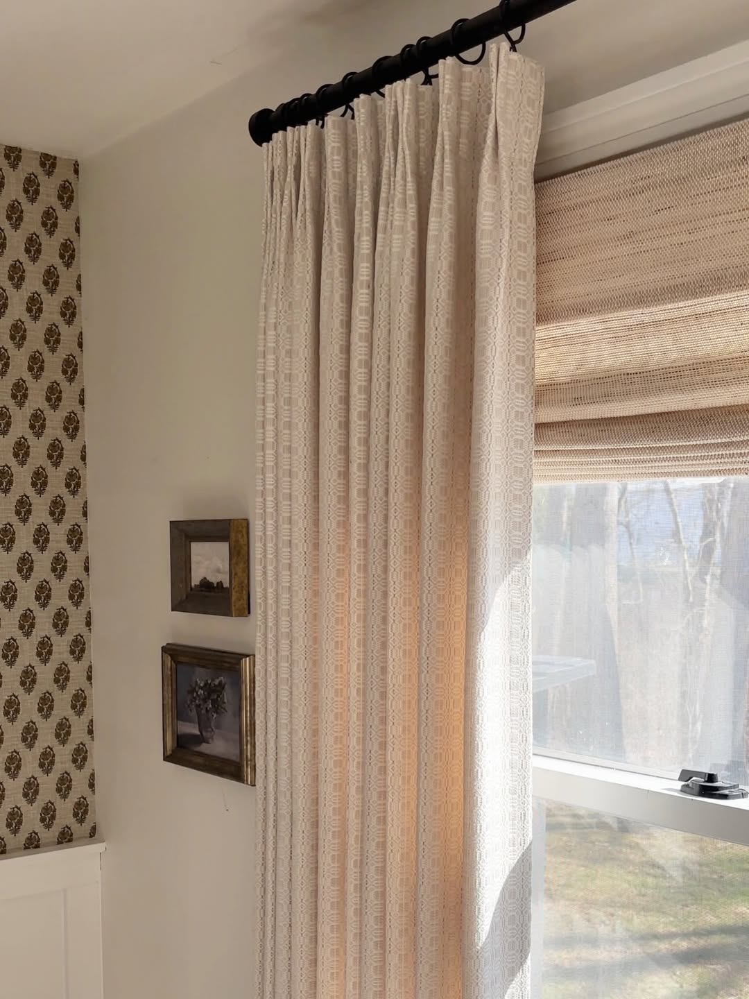 Natural Ramie Bamboo Roman Shades in beige woven fabric, shown as long pleated curtains with subtle textured stripes