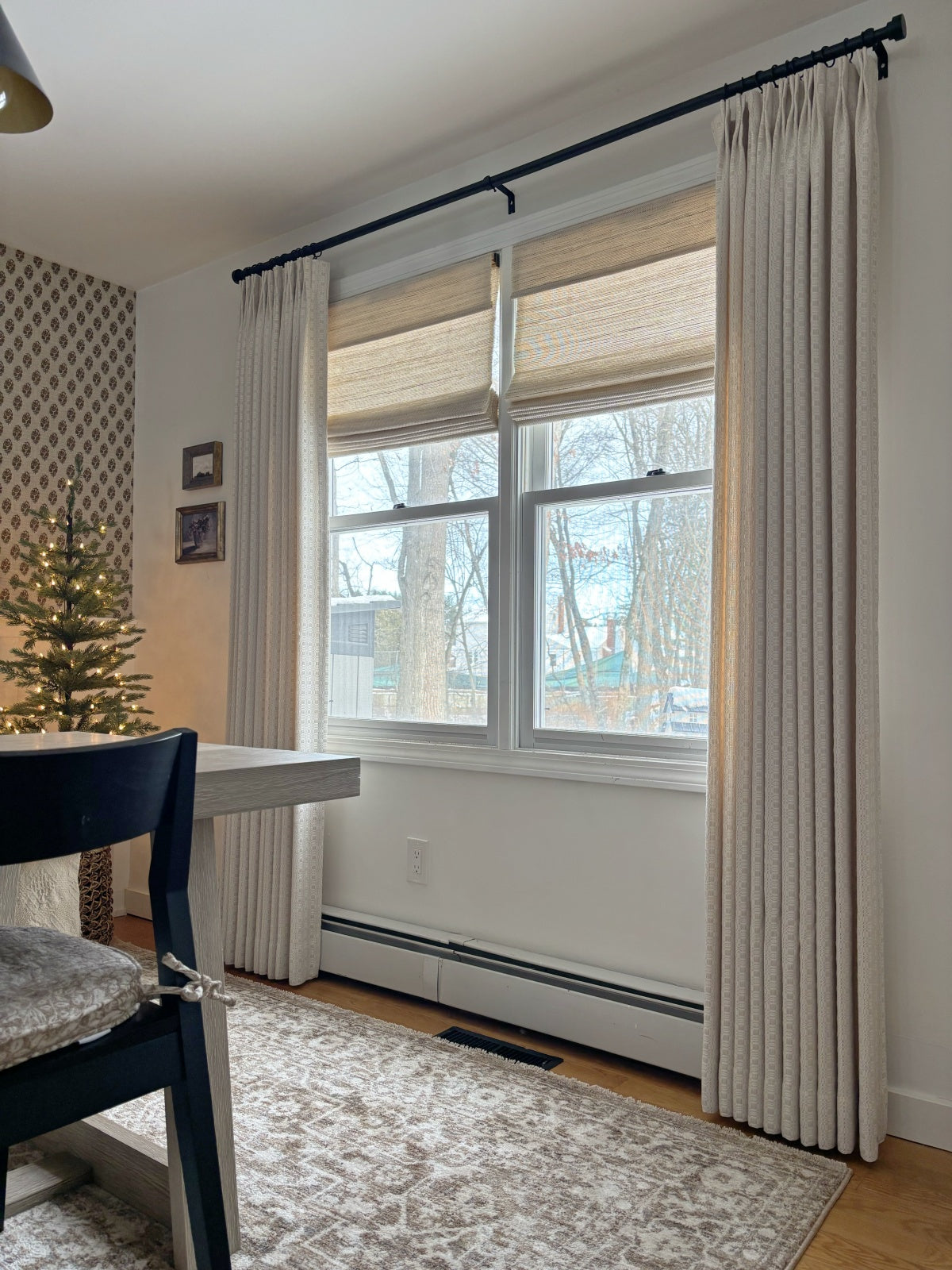 Natural Ramie Bamboo Roman Shades in beige woven fiber, featuring a textured, light-filtering surface and bottom-up design