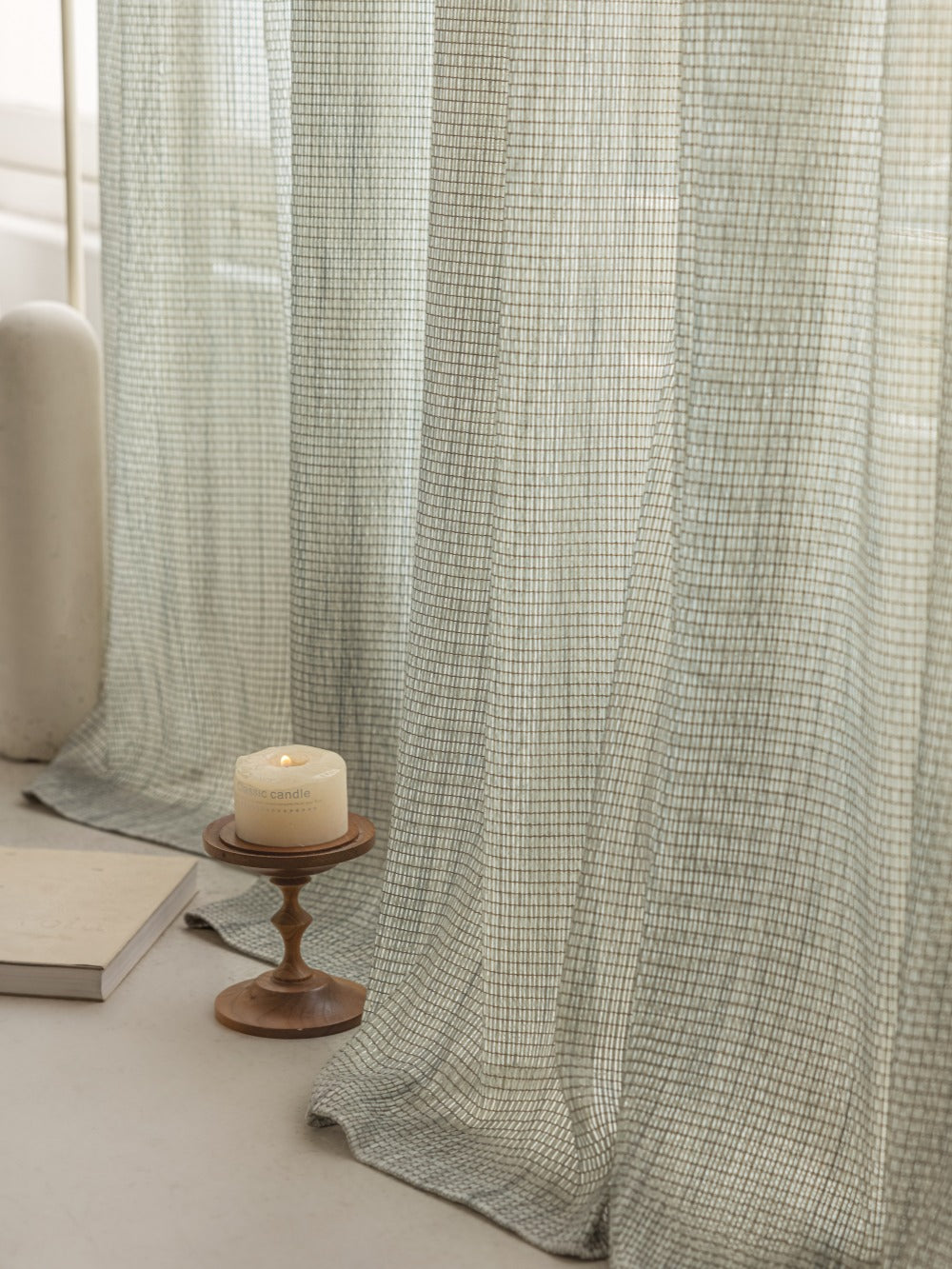 Smoky green net curtains with mountain mist design made from German linen cotton blend sheer fabric