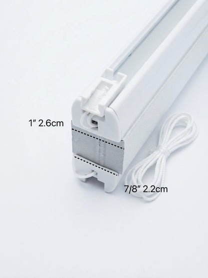 White window shade track end section with overlaid dimension labels reading 1" 2.6cm and 7/8" 2.
