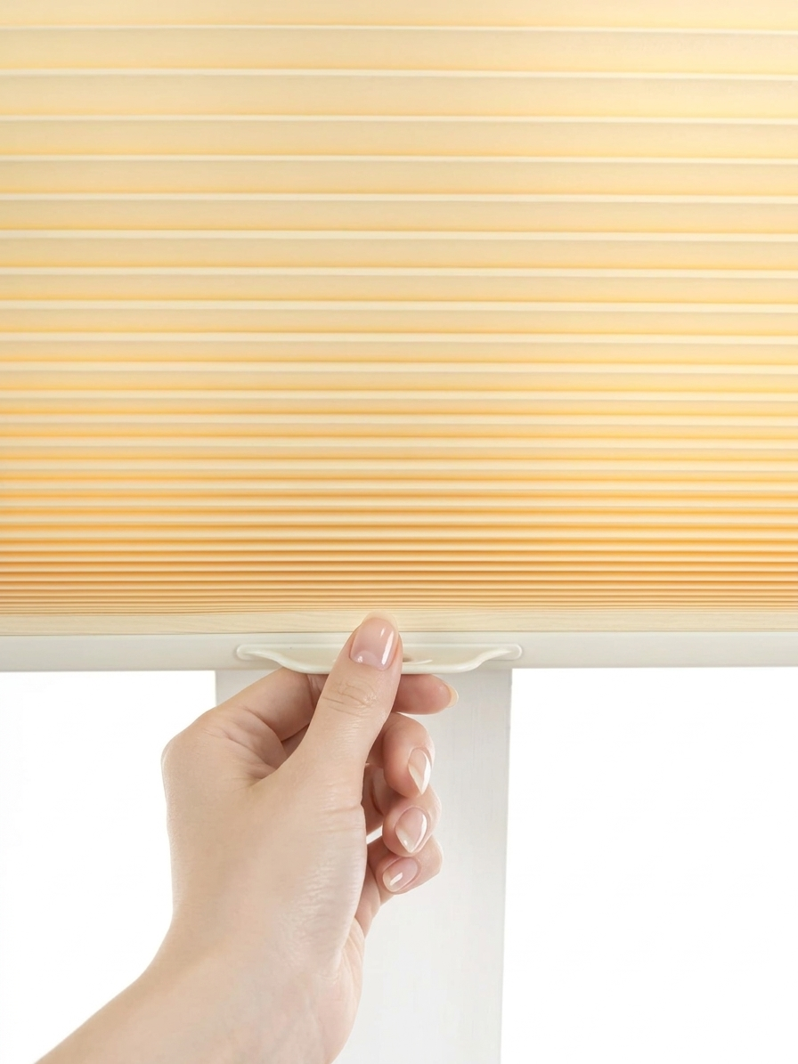 No drill honeycomb shades in warm beige fabric, featuring cordless pleated cells and a white handle for easy adjustment
