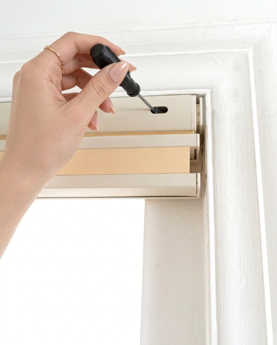 No drill honeycomb shades in beige fabric, shown with a hand tightening the cordless window blind bracket.