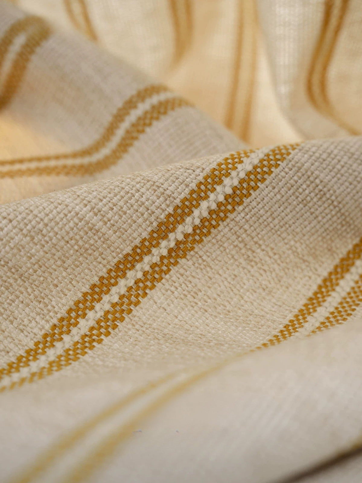 Modern minimalist Bauhaus stripe office curtains with ochre velvet trim for workspace elegance