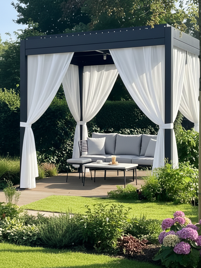 UV-resistant, water-repellent outdoor curtains on patio with sheer fabric providing privacy and weather protection