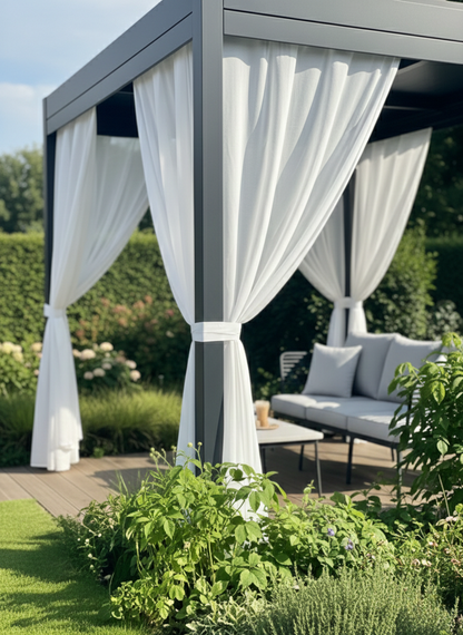 UV-resistant, water-repellent outdoor curtains hanging on a patio, providing weather protection and privacy