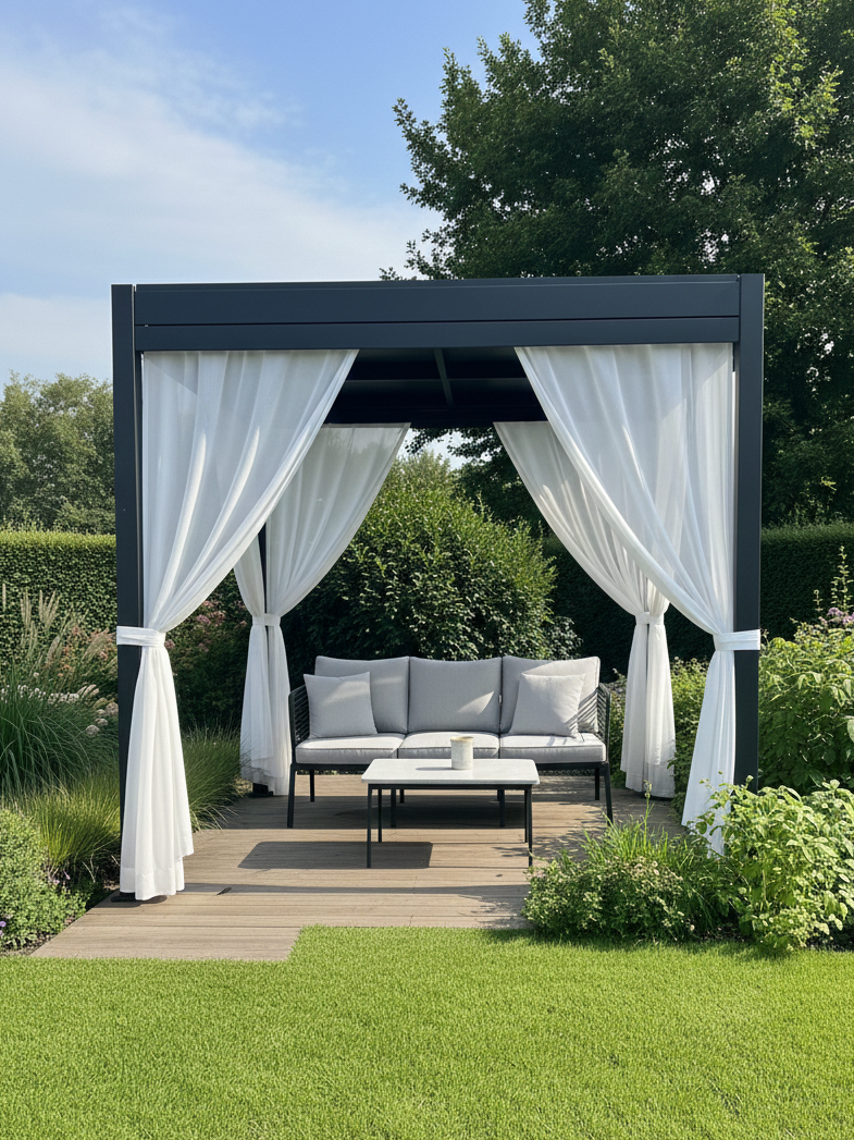Outdoor sheer curtains on a patio providing UV protection, water repellency, and soft privacy