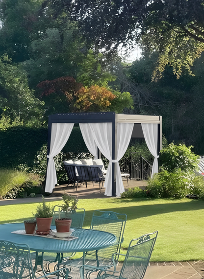 UV-resistant, water-repellent outdoor curtains on a patio providing privacy and weather protection