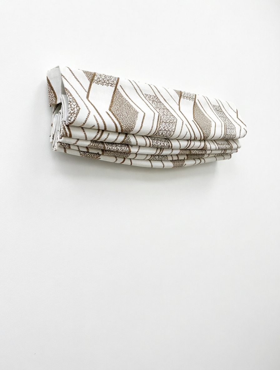 Patterned Roman Shades in cream linen with raised brown geometric embroidery and crisp flat-fold construction