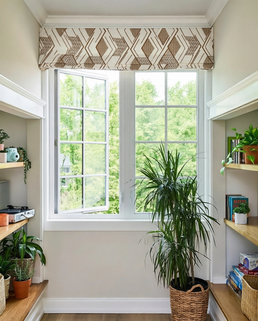 Patterned Roman Shades in beige linen with raised geometric embroidery and a tailored flat-fold design.