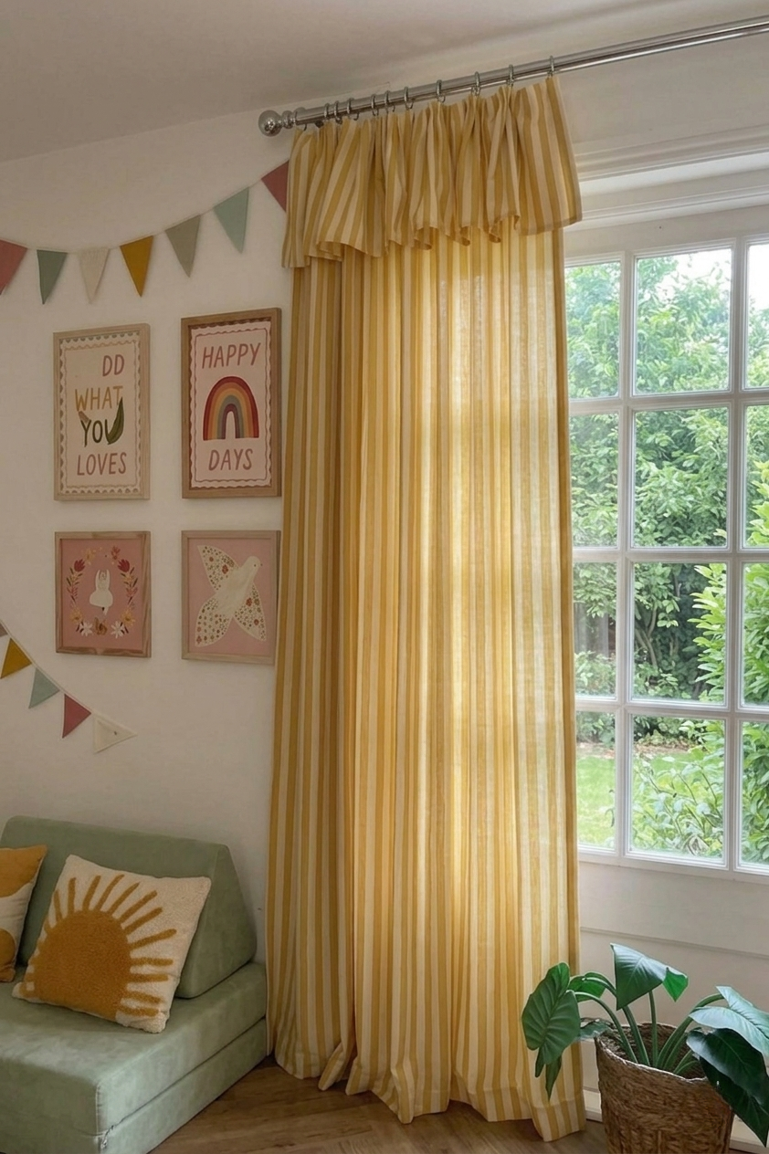 Soft yellow striped linen playroom curtains for kids room with light filtering and blackout options