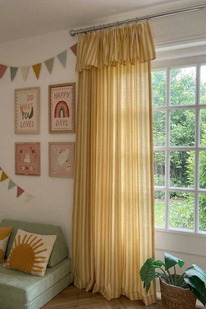 Soft yellow striped linen playroom curtains for kids room with light filtering and blackout options