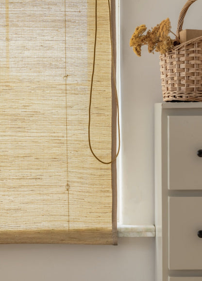 Custom cashew bamboo shades with natural ramie weave, mildew-resistant and breathable blinds for elegant home decor