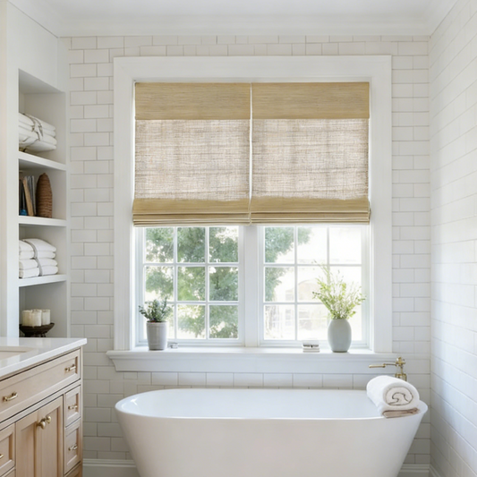 Beige natural Roll Up Bamboo Shades with subtle texture and handcrafted quality