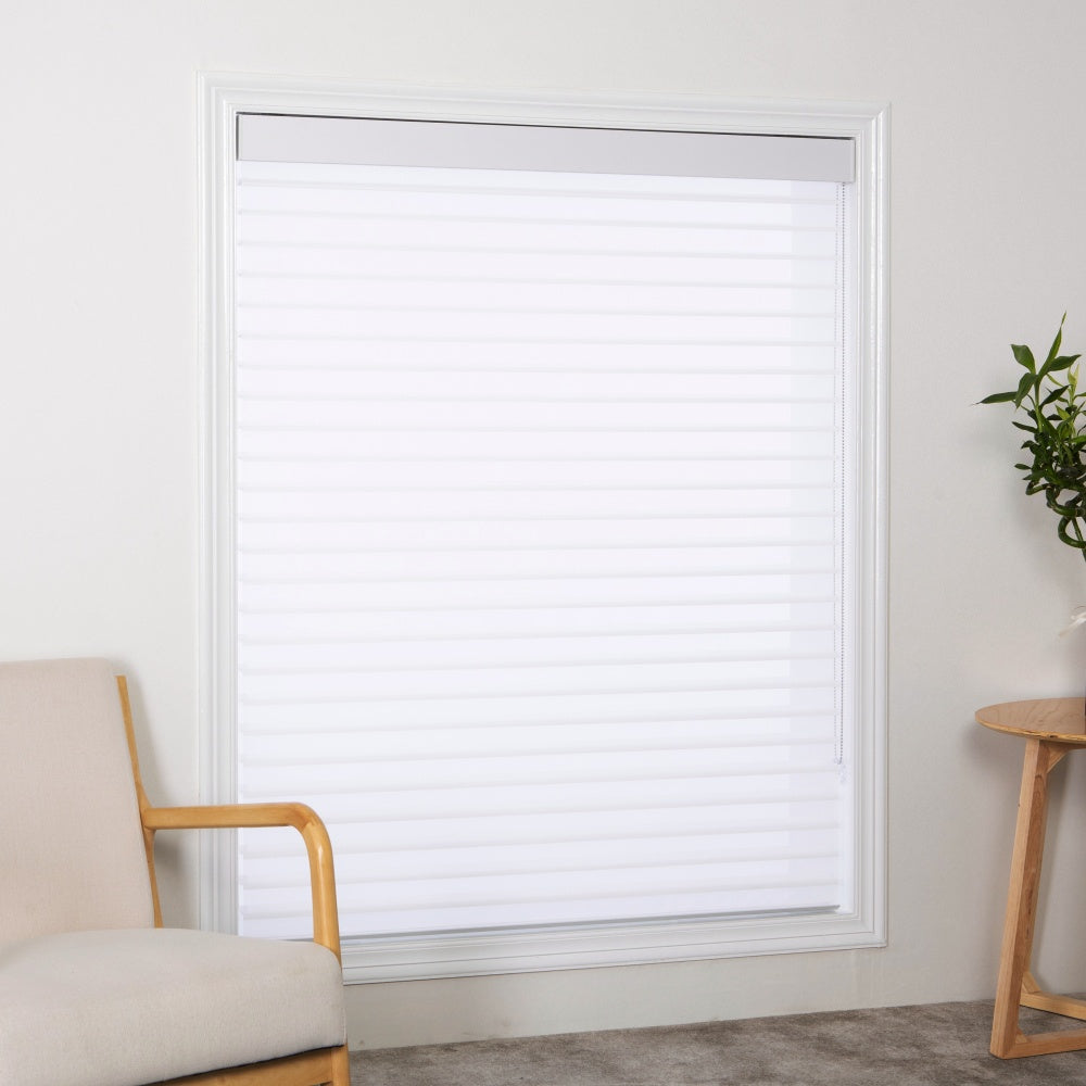 Light-filtering corded Shangri-La sheer shades with adjustable horizontal fabric blades for privacy and soft light enhancement in large windows