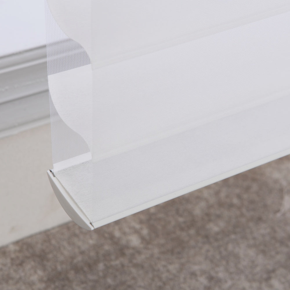 Light-filtering corded Shangri-La sheer shades with adjustable horizontal fabric blades for light control and privacy in living rooms and large windows