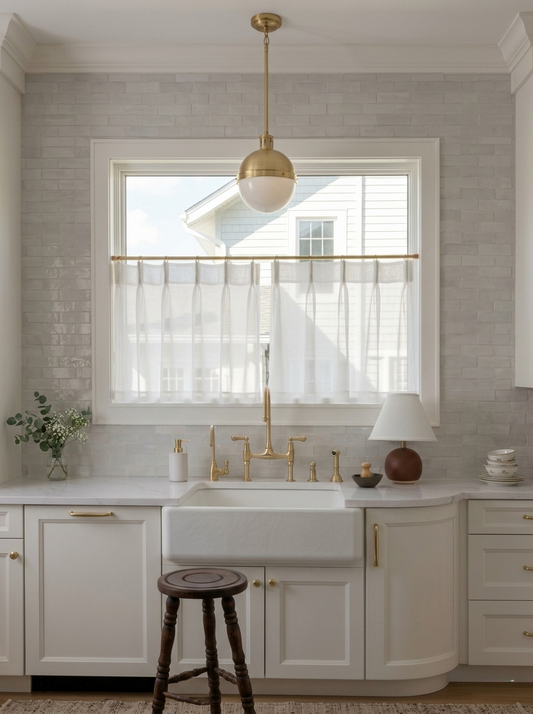 Sheer cafe curtains in natural linen filtering soft daylight in a bright kitchen window.