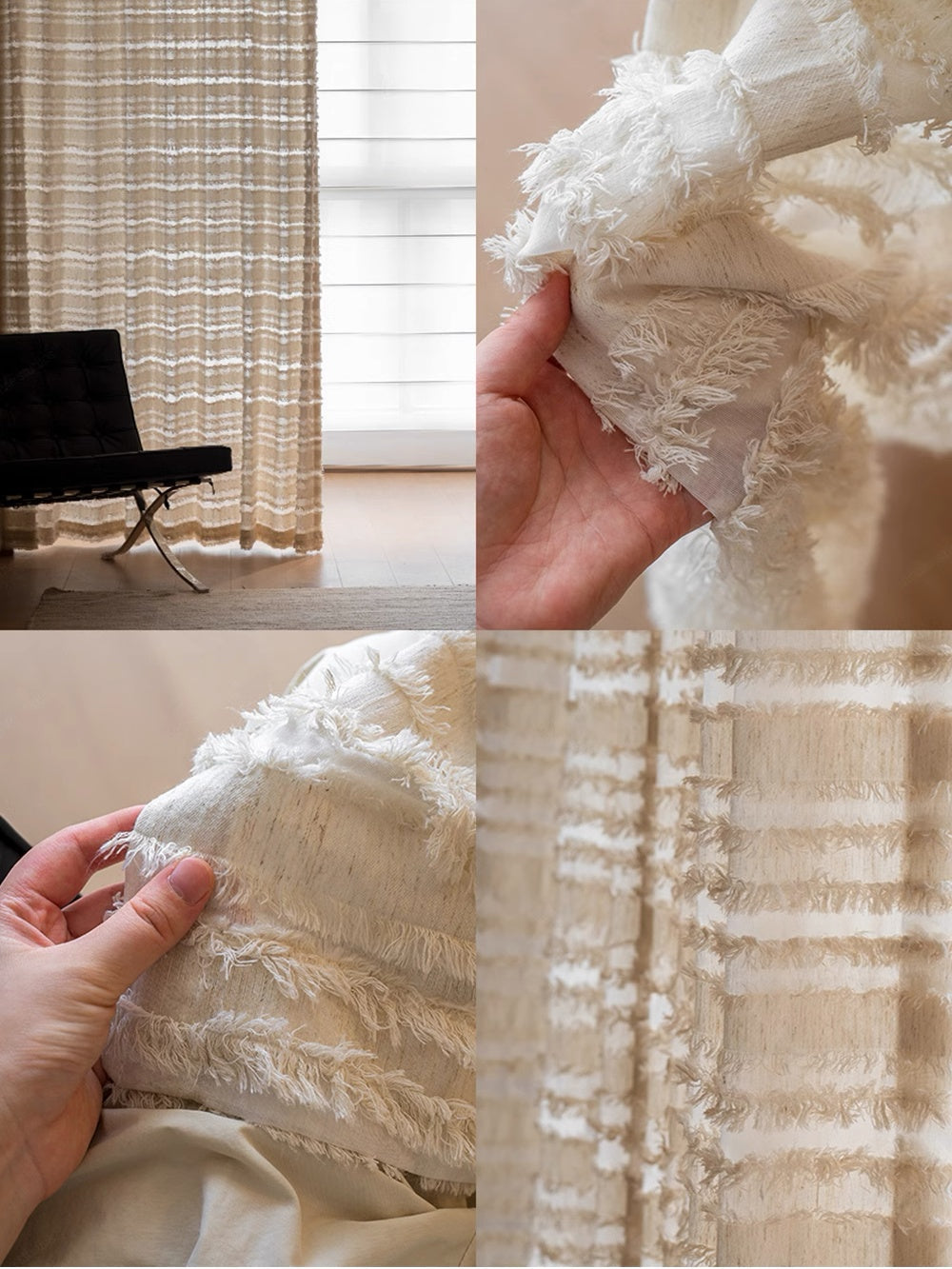 Beige mousse-inspired sheer curtains for living room with horizontal layered fringe and linen-look fabric