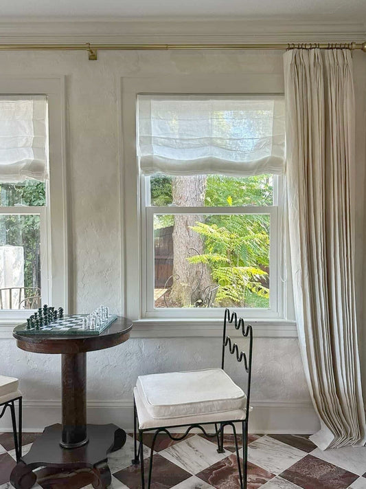 Sheer Roman shade in 100% pure linen with soft light filtering and privacy
