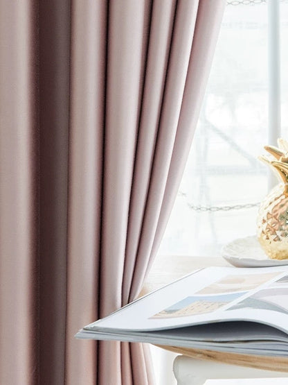 Heavyweight luxury silk curtains draping smoothly with a glowing luminous quality