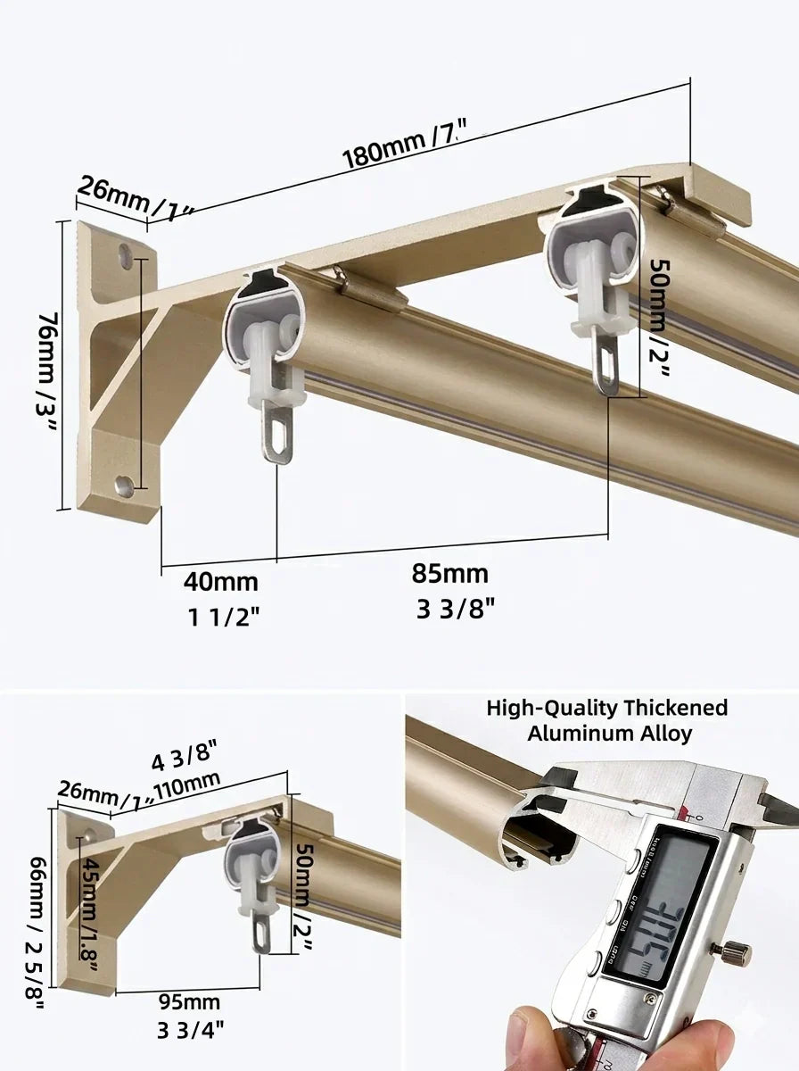 Custom oversized aluminum corner window curtain rod installed on U-shaped large window with heavy curtains