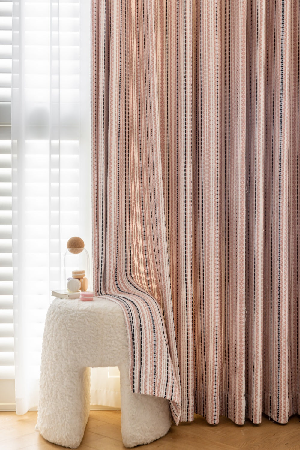 Striped Fair Isle Jacquard blackout curtains in playroom with small checkered pattern and linen texture