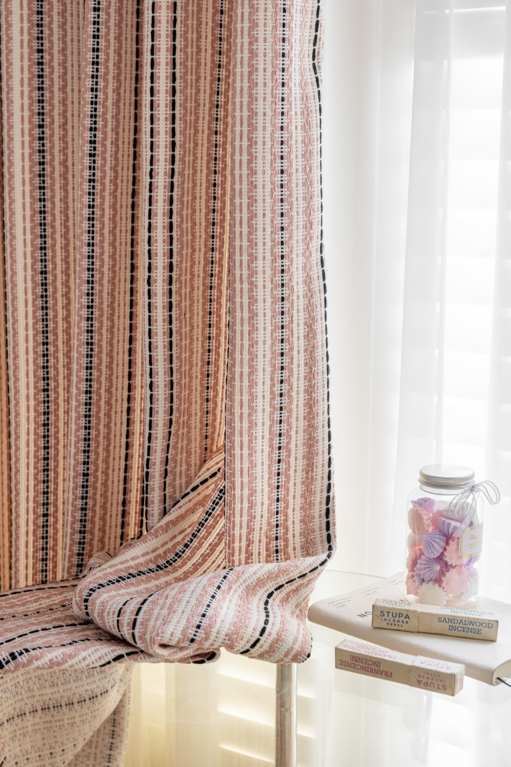 Striped curtains with Fair Isle Jacquard pattern in black and white for playroom decor