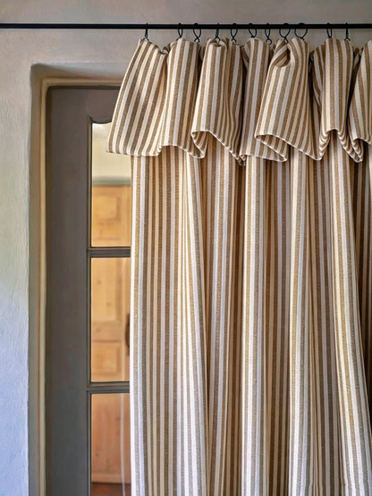 Striped Curtains in beige and white linen with vertical stripes and a gathered ruffled top header