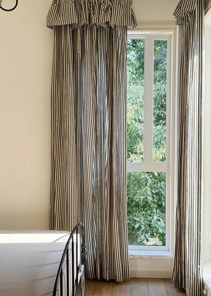 Classic linen striped curtains with French-style ruffled top, perfect for modern homes and smaller windows