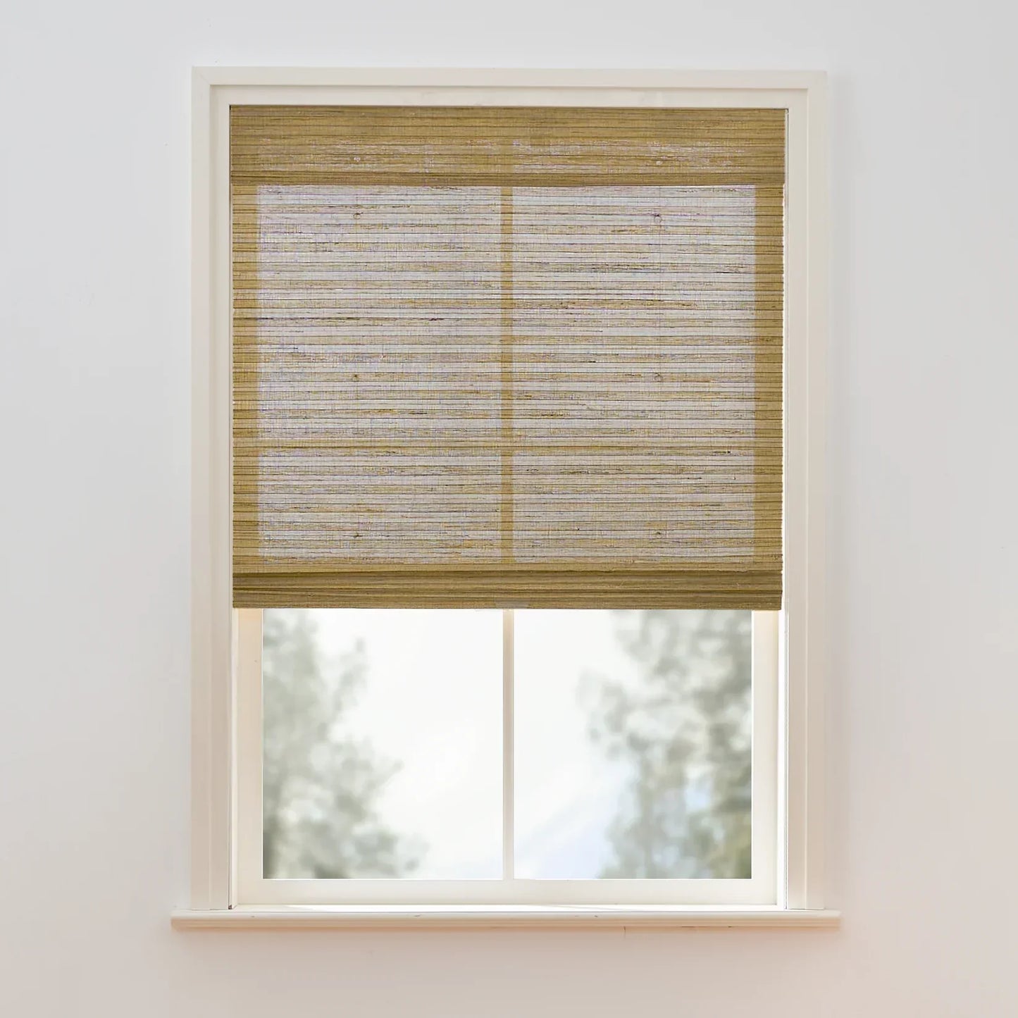 Natural hemp outdoor bamboo shades in beige brown with Roman style, made from sustainable fibers and suitable for various decor styles.