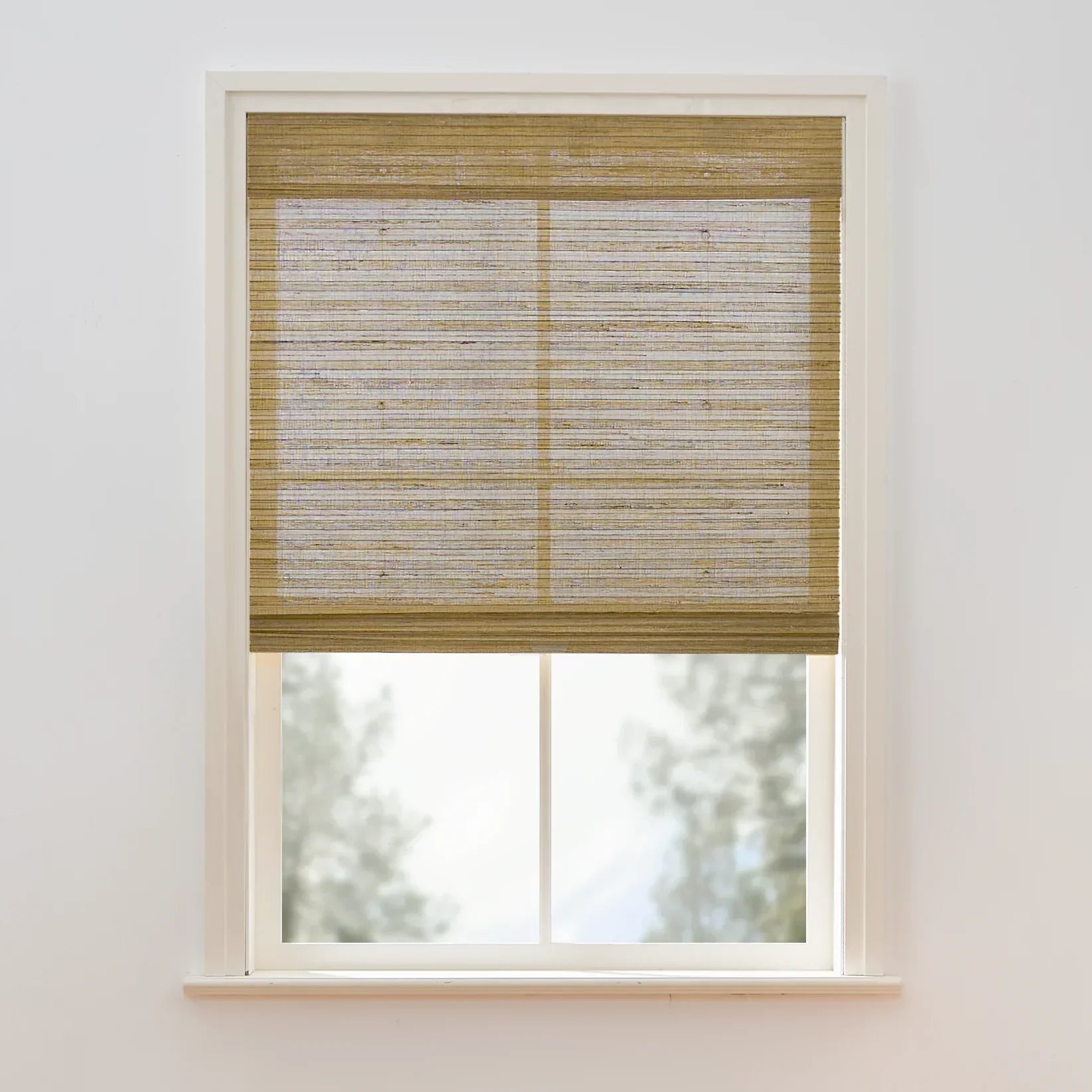 Natural hemp outdoor bamboo shades in beige brown with Roman style, made from sustainable fibers and suitable for various decor styles.