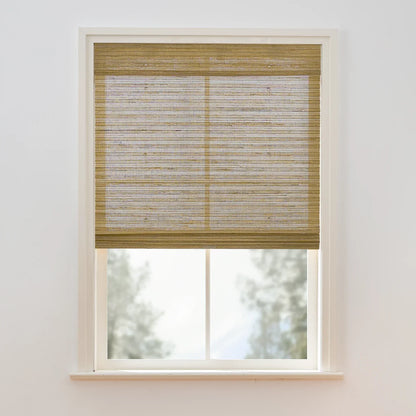 Natural hemp outdoor bamboo shades in beige brown with Roman style, made from sustainable fibers and suitable for various decor styles.