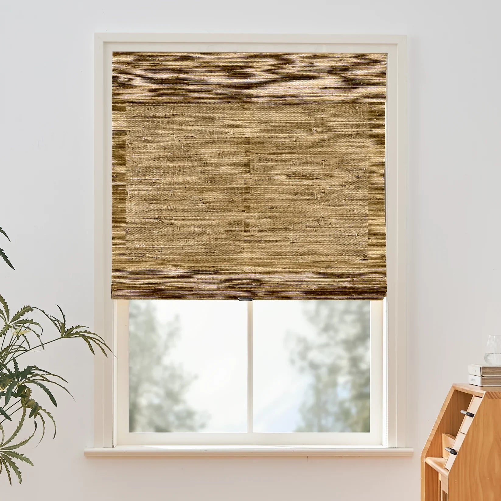 Natural hemp bamboo roman shades in bark color, adding warmth and eco-conscious style to any room.