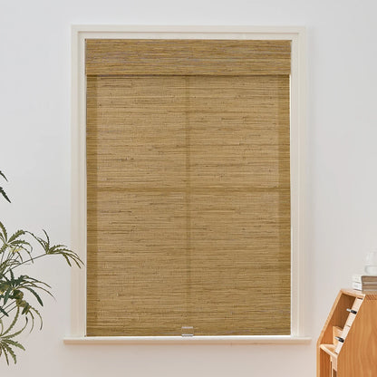 Natural Hemp Bamboo Roman Shades in Bark color, providing an earthy, eco-friendly window treatment with rich texture.