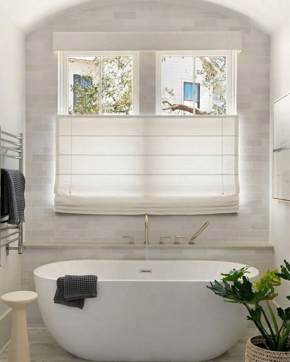 Top Down Bottom Up Roman Shades in natural linen with a cordless layered design and light-filtering fabric