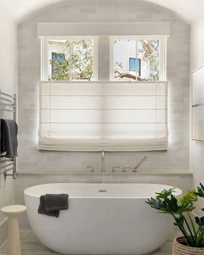 Top Down Bottom Up Roman Shades in natural linen with a cordless layered design and light-filtering fabric