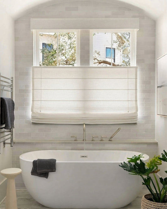 Top Down Bottom Up Roman Shades in natural linen with a cordless layered design and light-filtering fabric