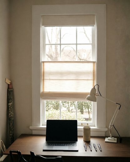 Top Down Bottom Up Roman Shades in natural linen with layered light-filtering panels and cordless rails