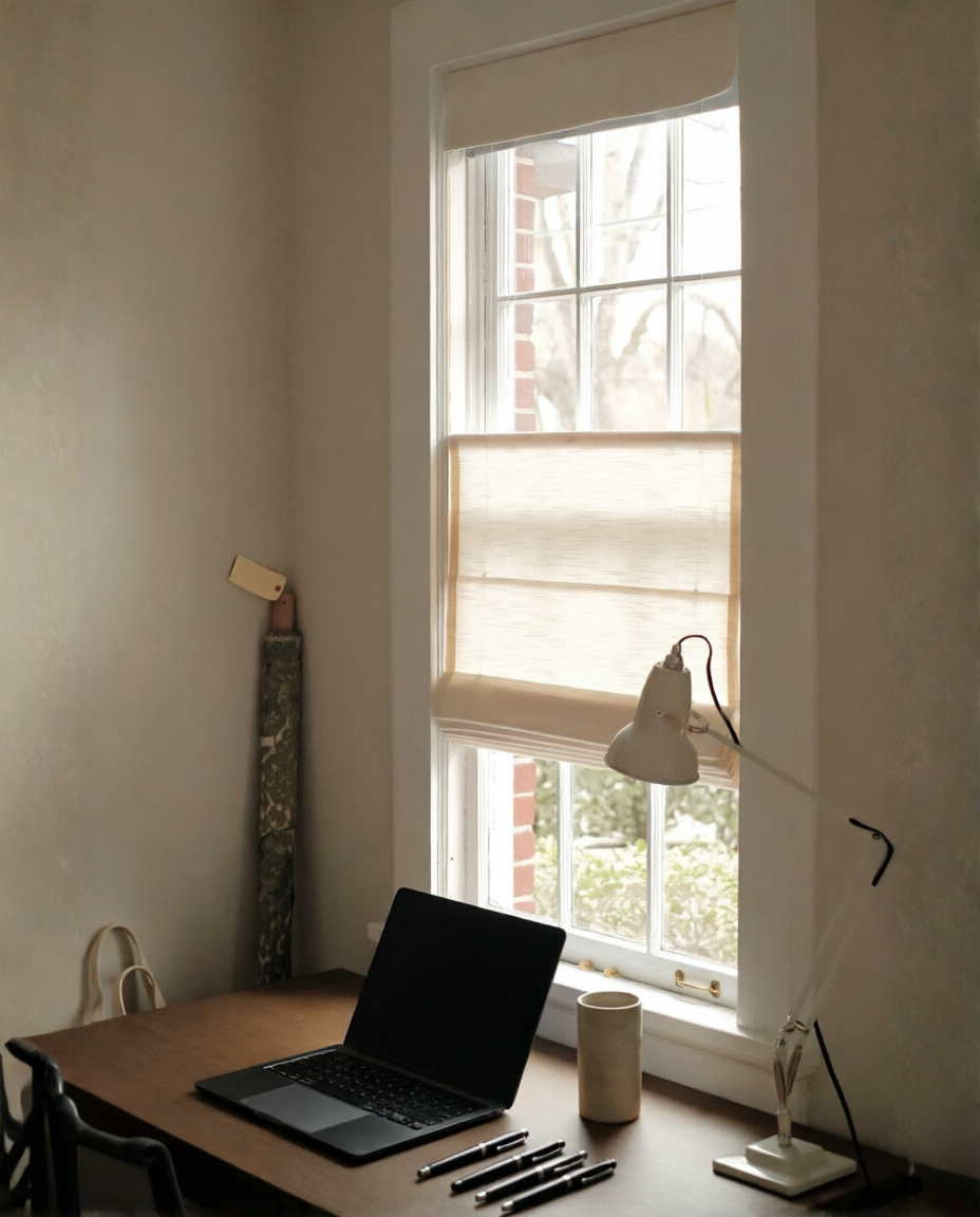 Top Down Bottom Up Roman Shades in natural linen, cordless Roman fold design with light-filtering fabric